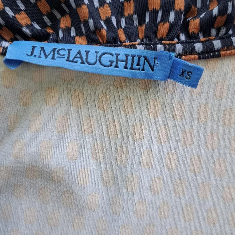 J McLaughlin Durham Ruffle Top Navy Blue Brown Geo Print XS Preppy 3/4 Sleeve